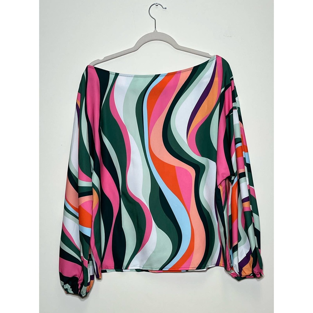 New SHEIN LUNE Allover Print Asymmetrical Neck Bishop Sleeve Blouse Large